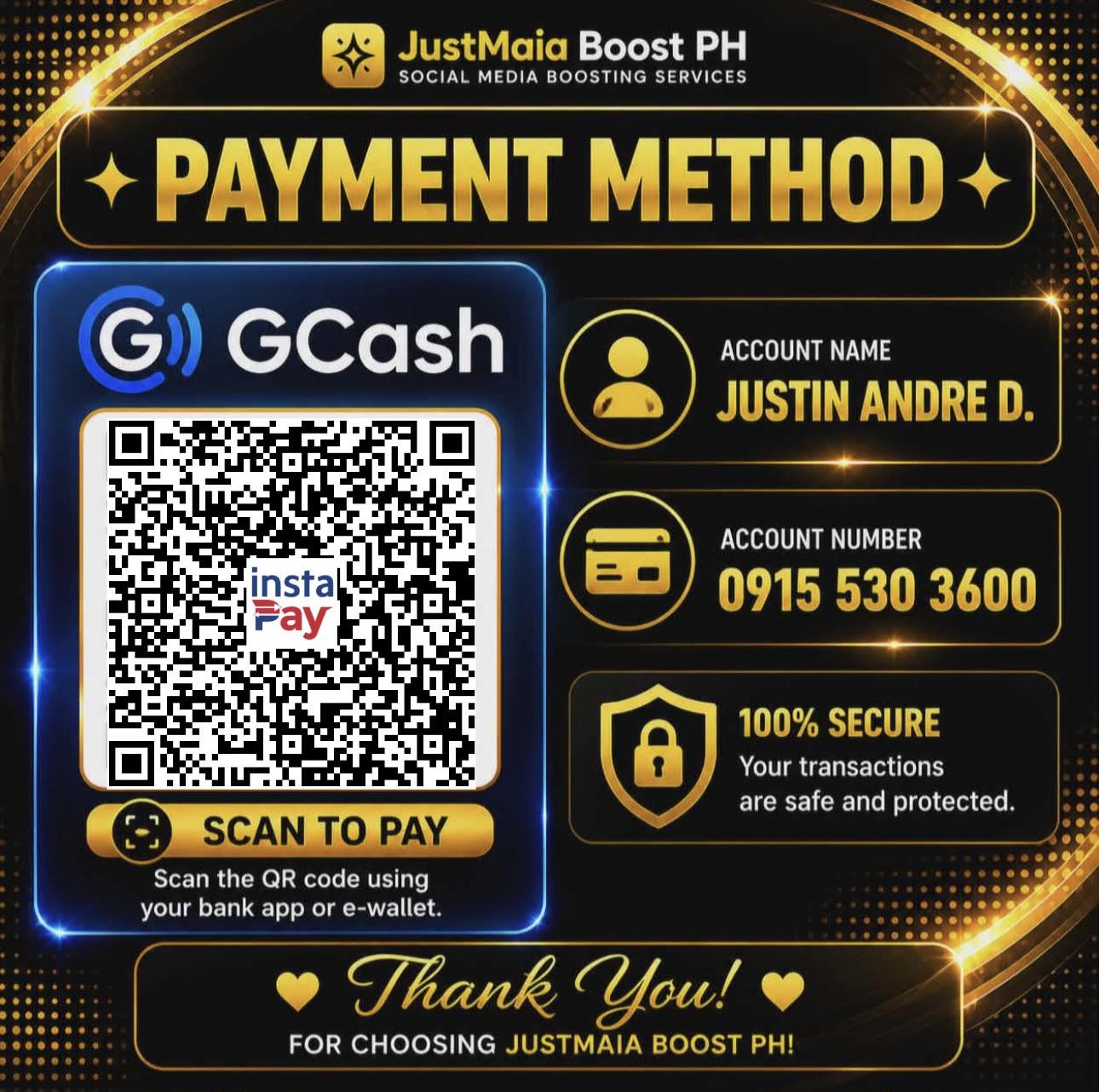 GCash payment — Justin Andre D. — 0915 530 3600 with QR code