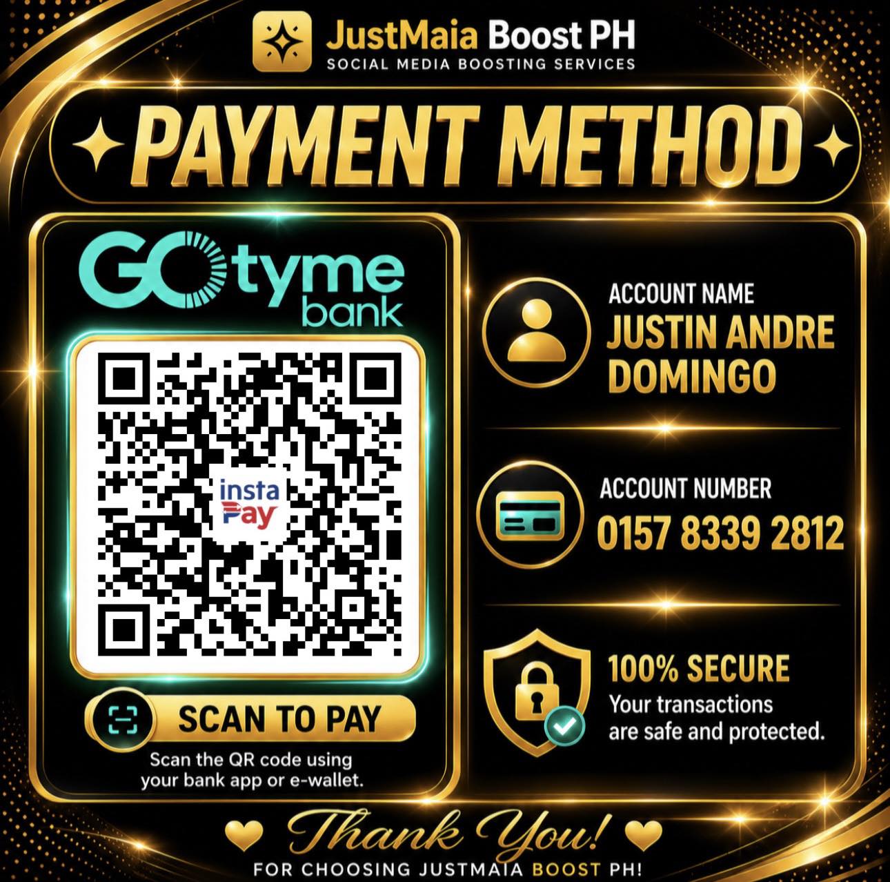 GoTyme Bank payment — Justin Andre Domingo — 0157 8339 2812 with QR code