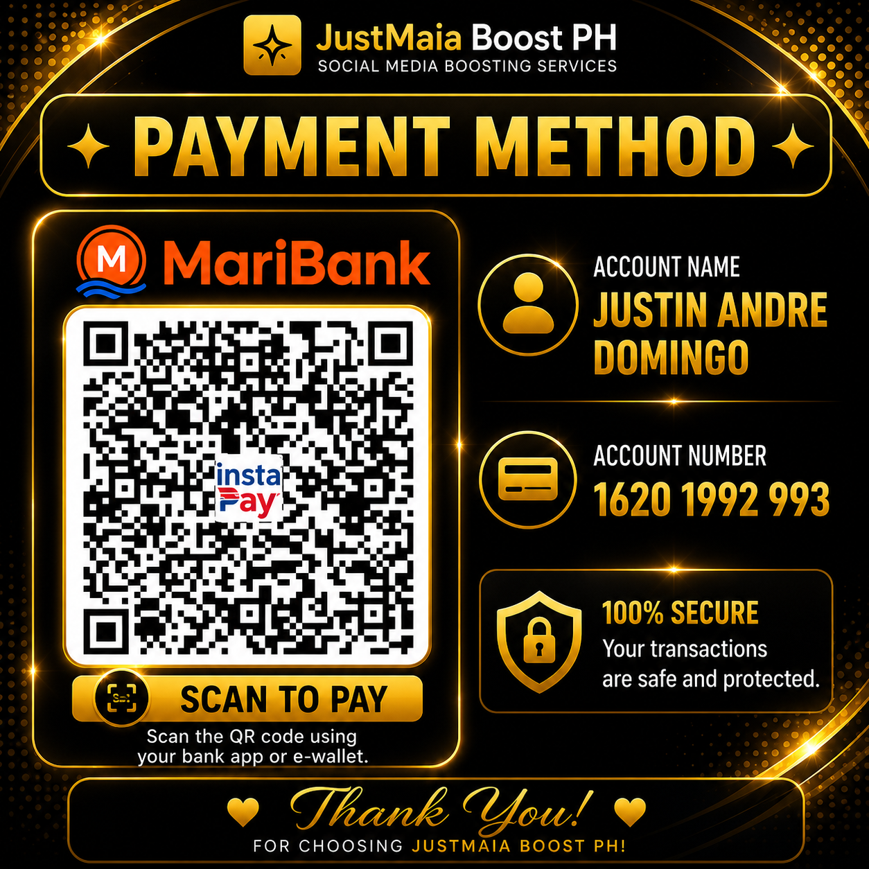 MariBank payment — Justin Andre Domingo — 1620 1992 993 with QR code